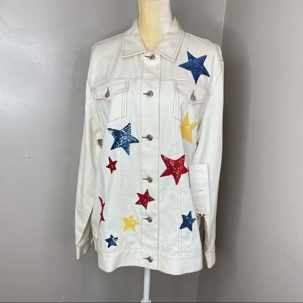 Dianes Beige Star Jeans Jacket Large NWT - Picture 13 of 15